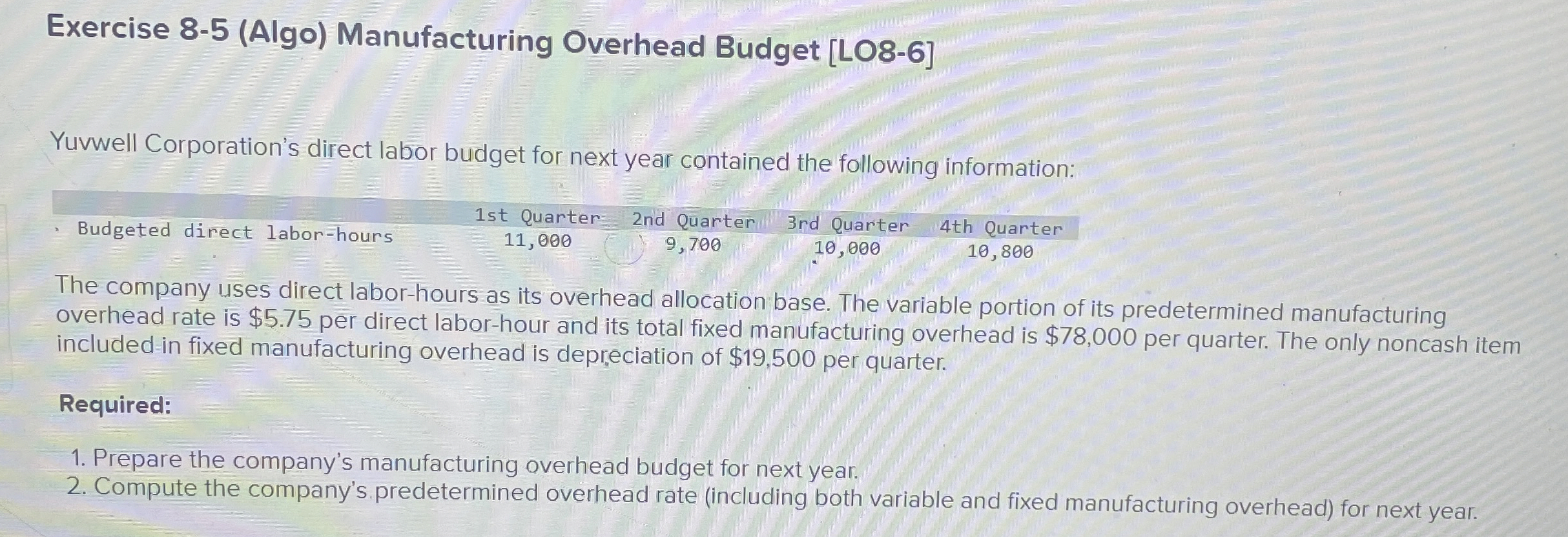  Exercise 8-5(Algo) Manufacturing Overhead Budget [LO8-6] Yuvwell Corporation's direct labor budget