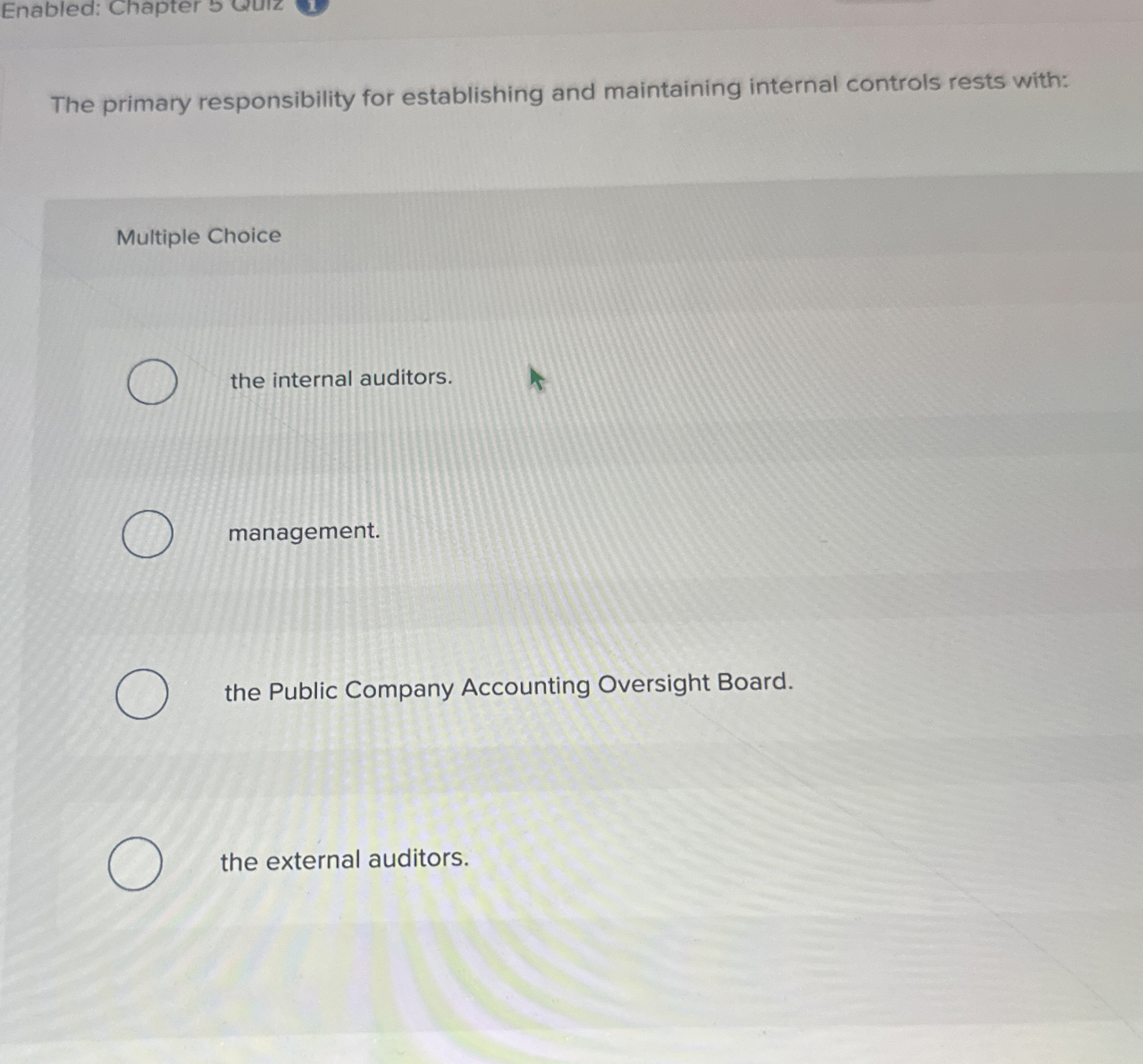 The primary responsibility for establishing and maintaining internal controls rests with: