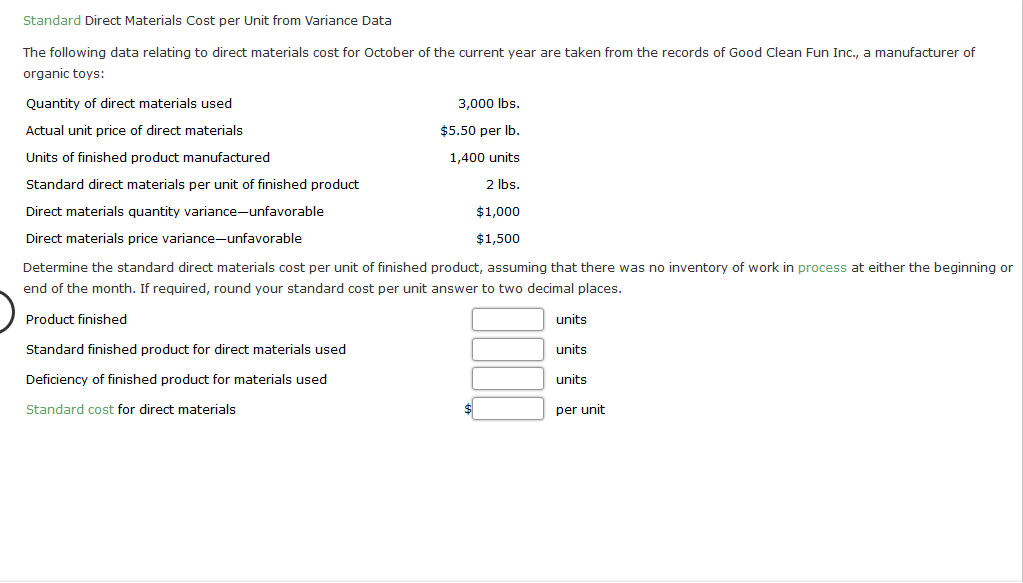 Standard Direct Materials Cost per Unit from Variance Data The following
