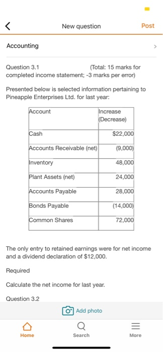  New question Post Accounting Question 3.1 (Total: 15 marks for completed
