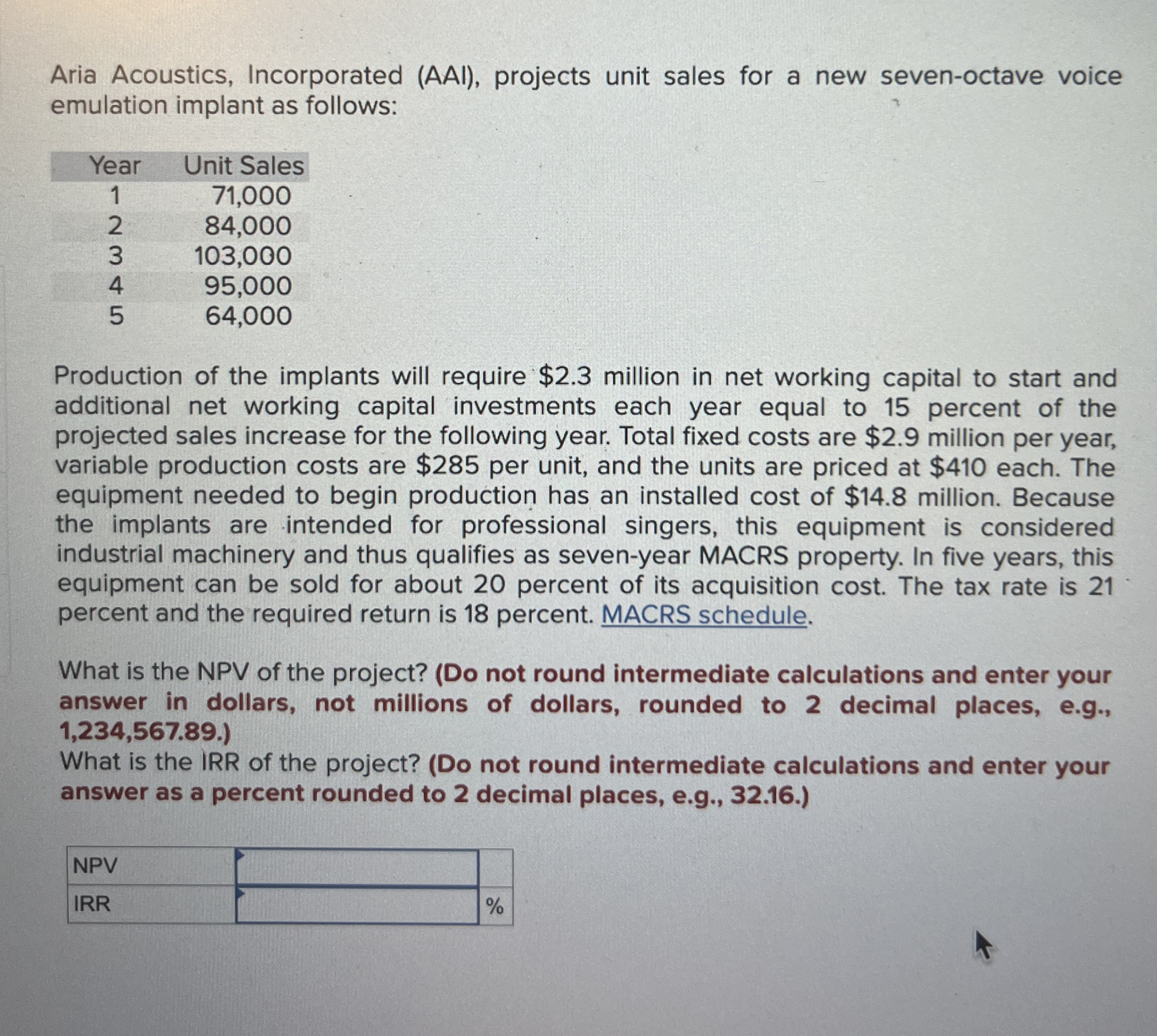  Aria Acoustics, Incorporated (AAI), projects unit sales for a new seven-octave