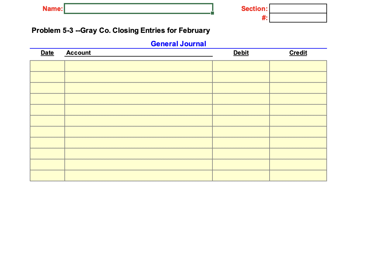 Based on the General Ledger account balances prepare Gray Co.'s February closing