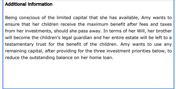 investment plan for her newly identified requirements. Recent developments Amy's husband, David,