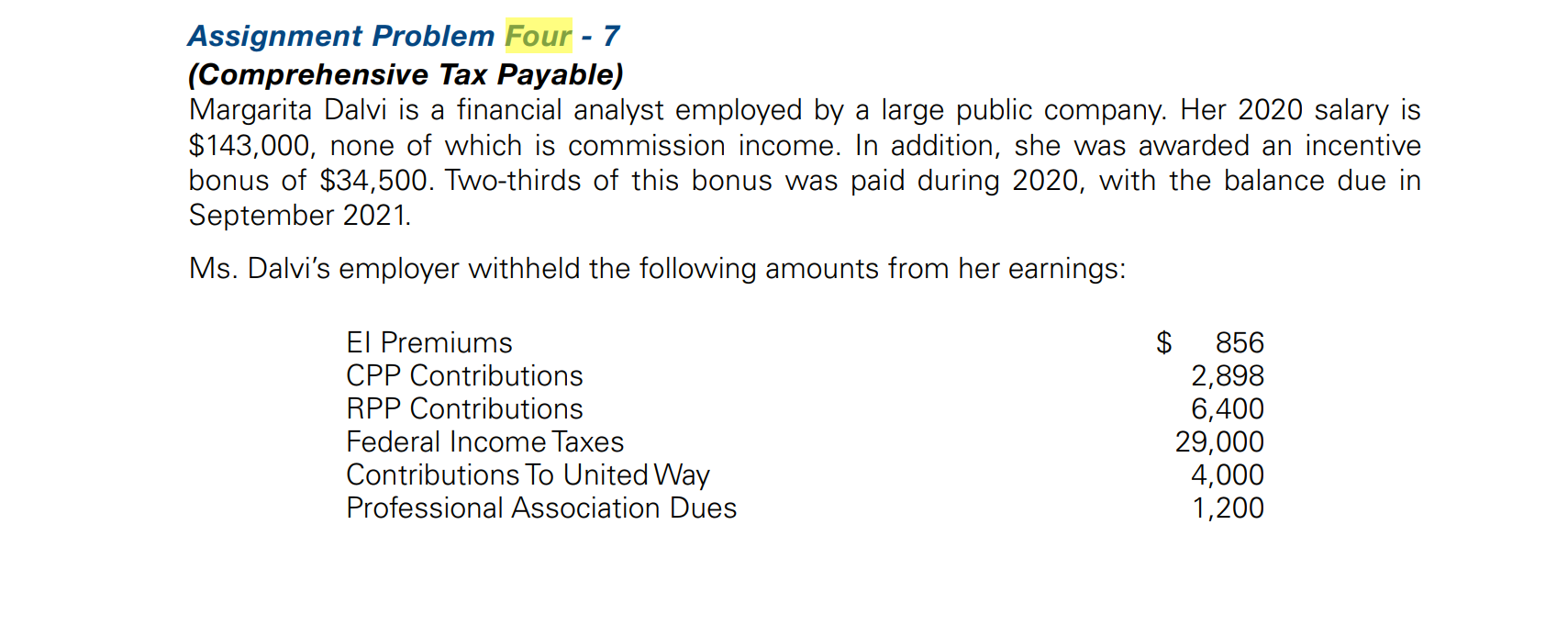  Assignment Problem Four - 7 (Comprehensive Tax Payable) Margarita Dalvi is