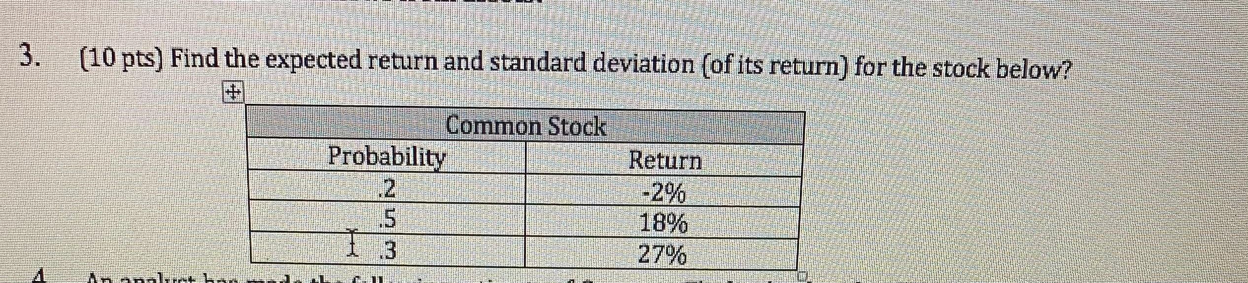  3. (10 pts) Find the expected return and standard deviation (of