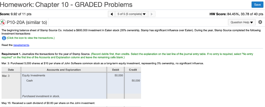 Homework: Chapter 10 - GRADED Problems Save Score: 9.92 of 11
