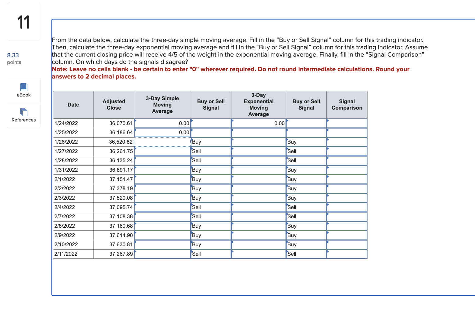  11 From the data below, calculate the three-day simple moving average.
