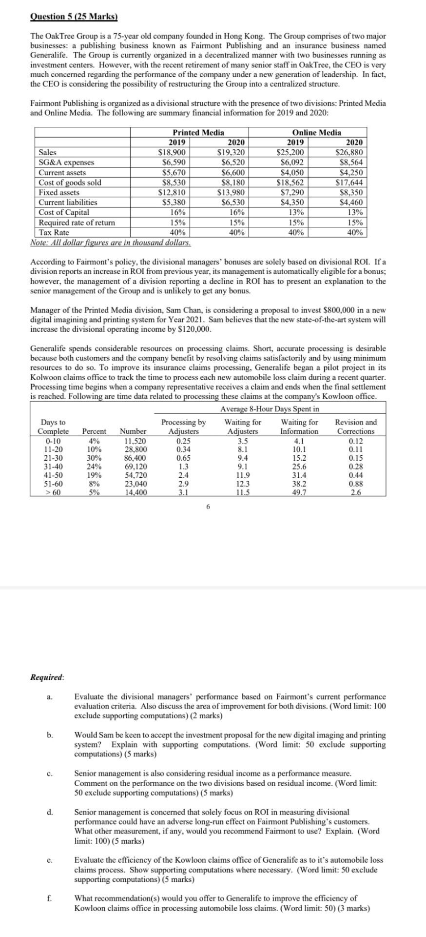  Question 5 (25 Marks) The Oak Tree Group is a 75-year