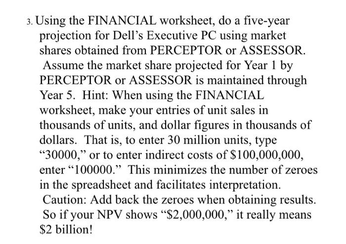  3. Using the FINANCIAL worksheet, do a five-year projection for Dell's