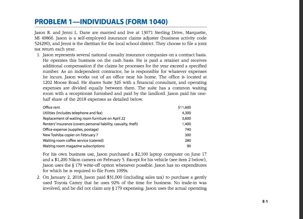 solve problem 1 PROBLEM 1-INDIVIDUALS (FORM 1040) Jason R. and Jenni L.