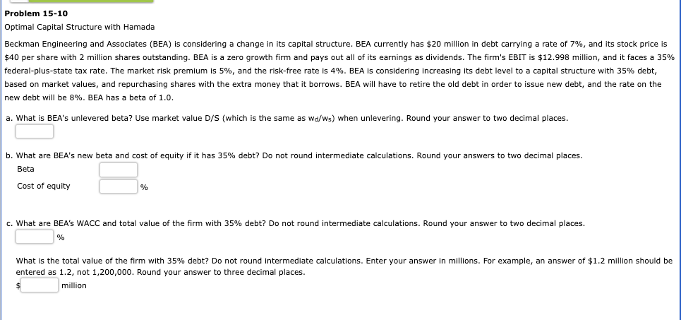  Problem 15-10 Optimal Capital Structure with Hamada Beckman Engineering and Associates