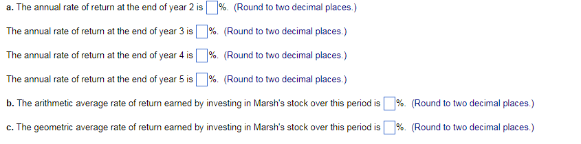 return) Marsh Inc. had the following end-of-year stock prices over the last