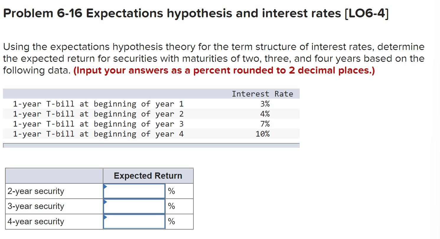  Problem 6-16 Expectations hypothesis and interest rates (LO6-4] Using the expectations