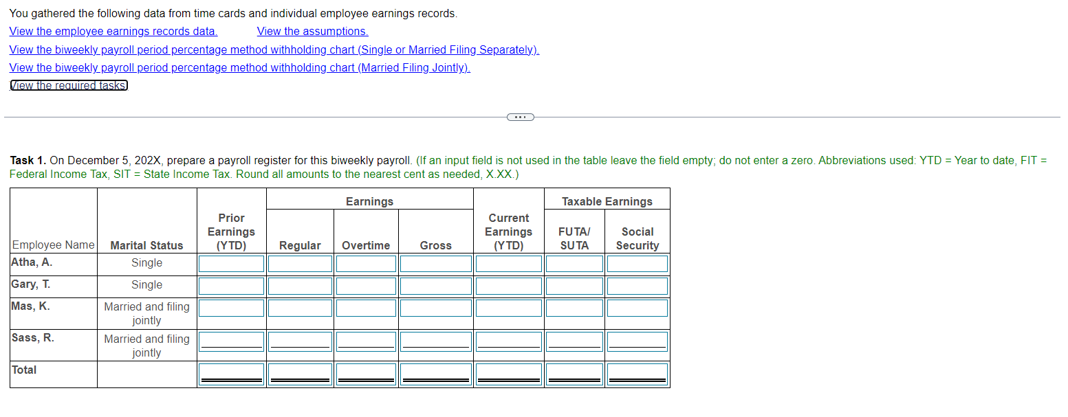  , prepare a payroll register for this biweekly payroll. (If an