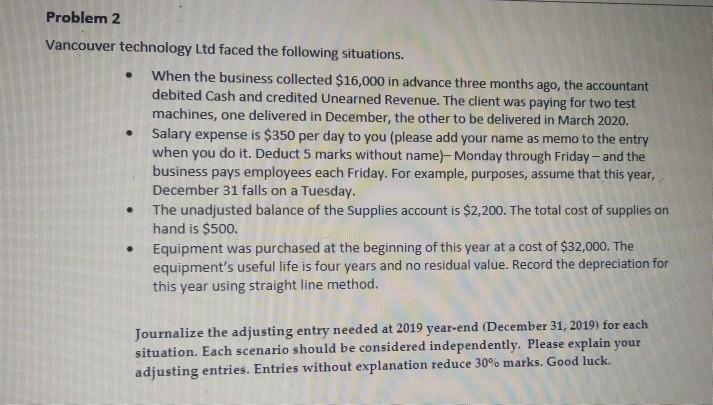  Problem 2 Vancouver technology Ltd faced the following situations. When the