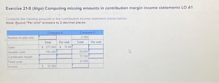  Exercise 21.8 (Algo) Computing missing amounts in contribution margin income statements