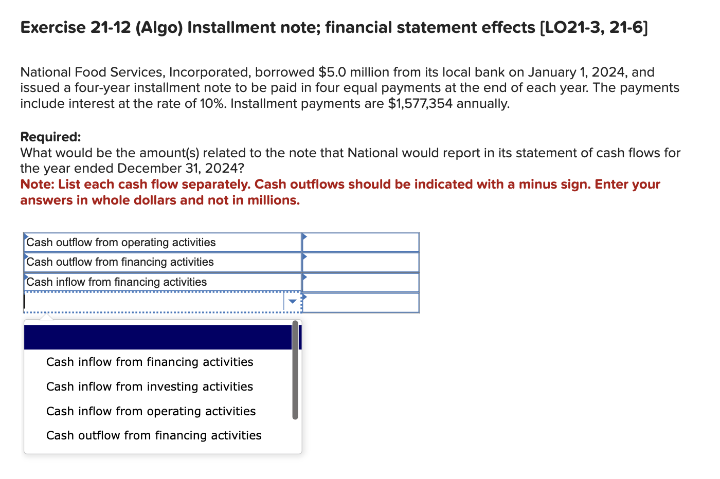  Exercise 21-12(Algo) Installment note; financial statement effects [LO21-3,21-6] National Food Services,