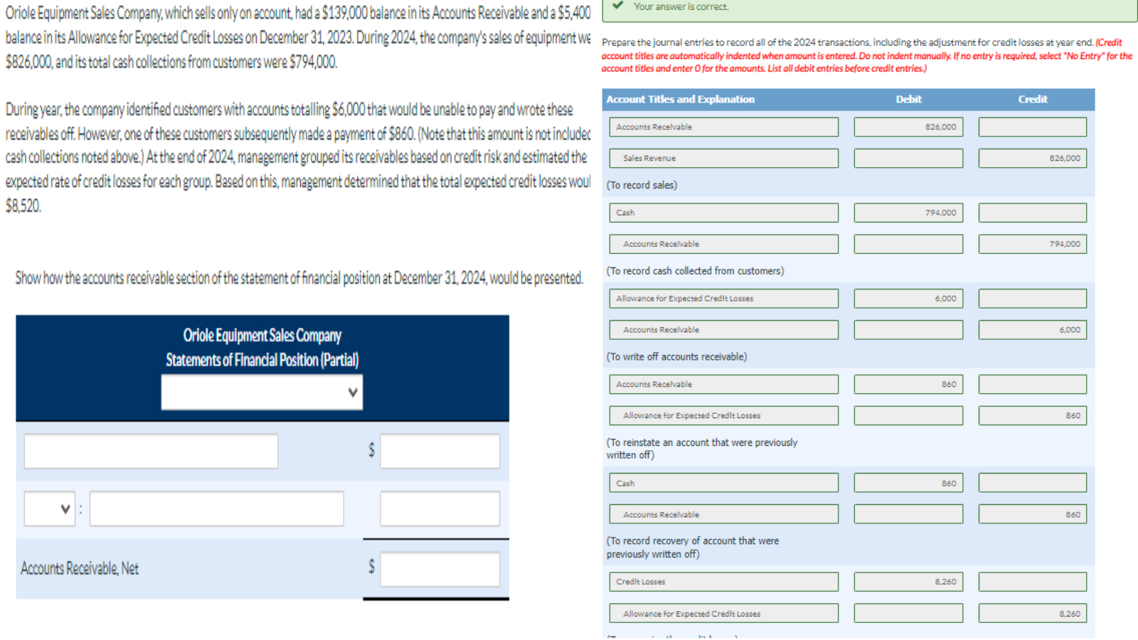  Prepare statement of financial position using the information provided 