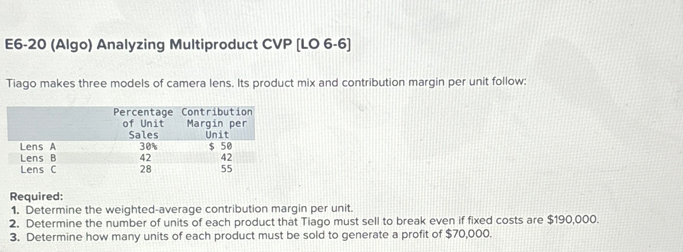  E6-20(Algo) Analyzing Multiproduct CVP [LO 6-6] Tiago makes three models of