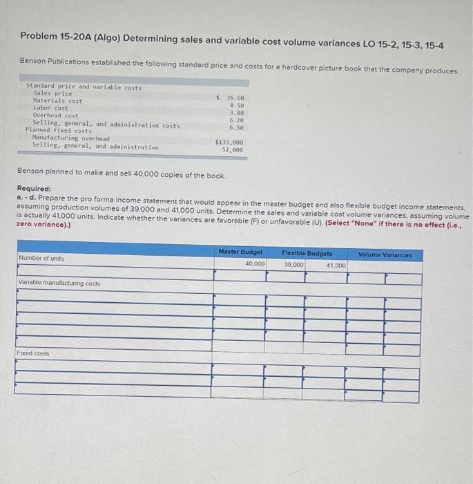  Problem 15-20A (Algo) Determining sales and variable cost volume variances LO