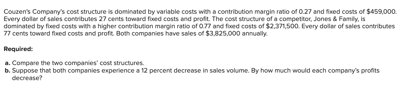  Couzen's Company's cost structure is dominated by variable costs with a