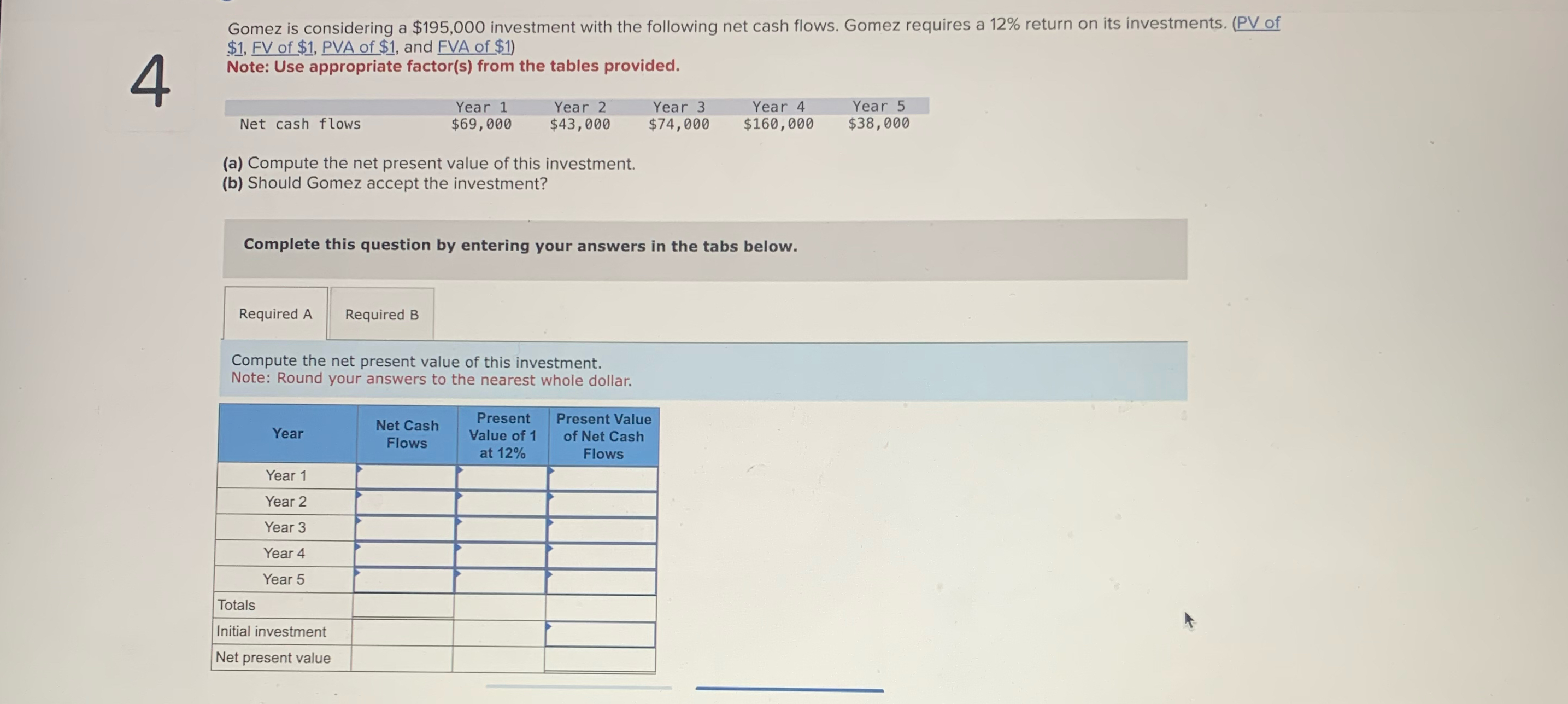  4 Gomez is considering a $195,000 investment with the following net