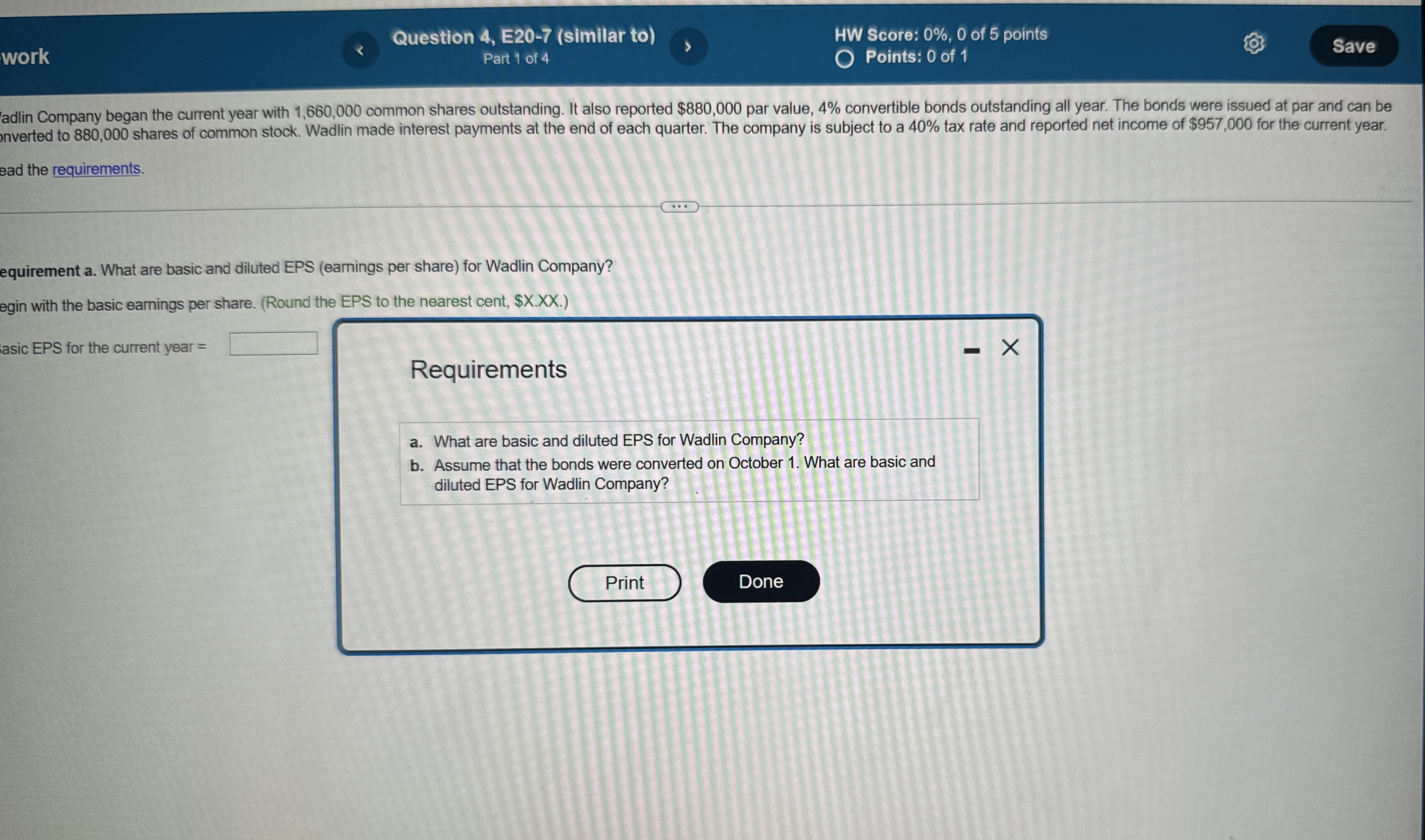  work Question 4, E20-7(similar to) HW Score: 0%,0 of 5 points