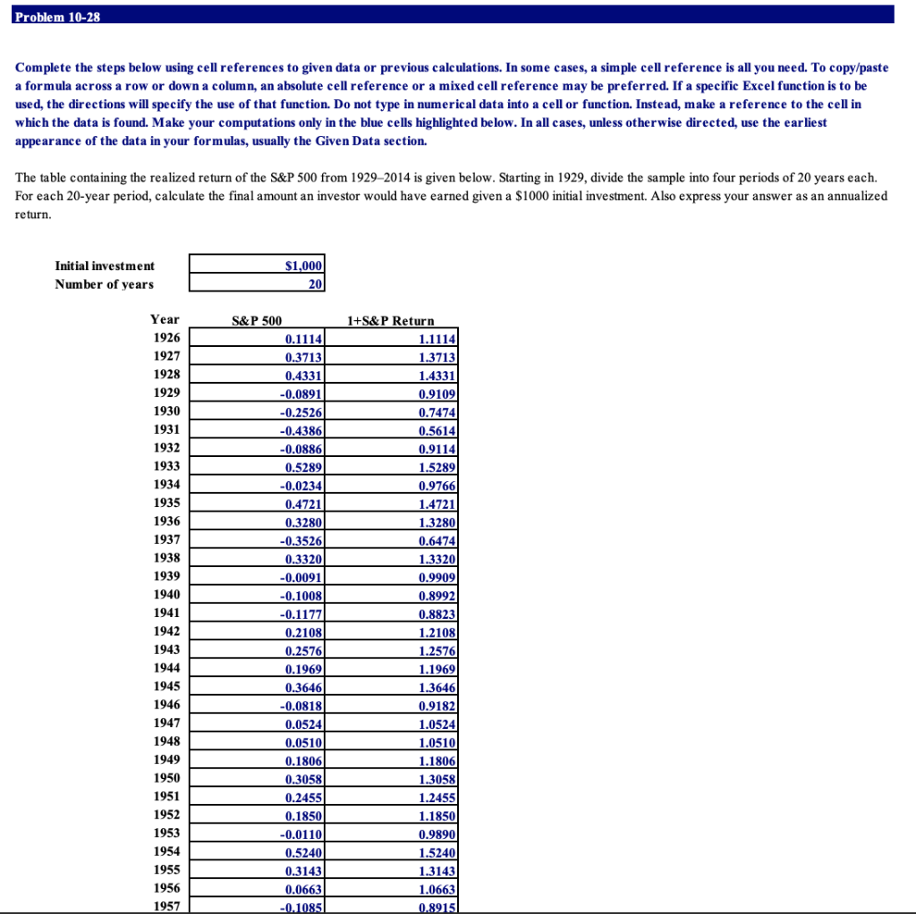  Problem 10-28 Complete the steps below using cell references to given