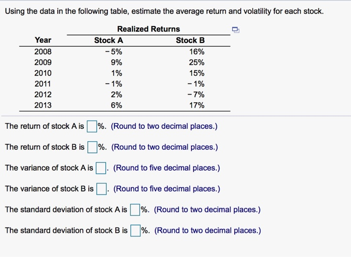  Using the data in the following table, estimate the average return
