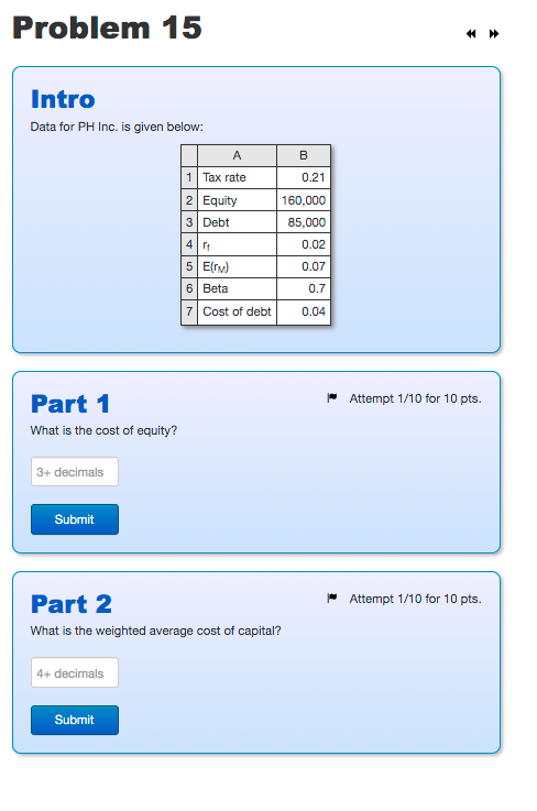  Problem 15 Intro Data for PH Inc. is given below: A