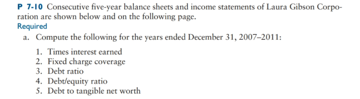  **Compute 2011 only** P 7-10 Consecutive five-year balance sheets and income