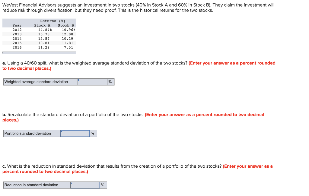 a. Using a 40/60 split, what is the weighted average standard deviation