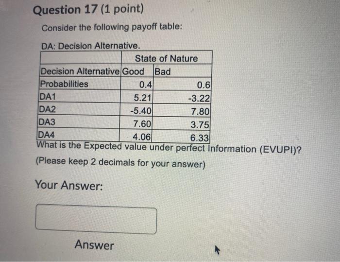  Question 17 (1 point) Consider the following payoff table: DA: Decision