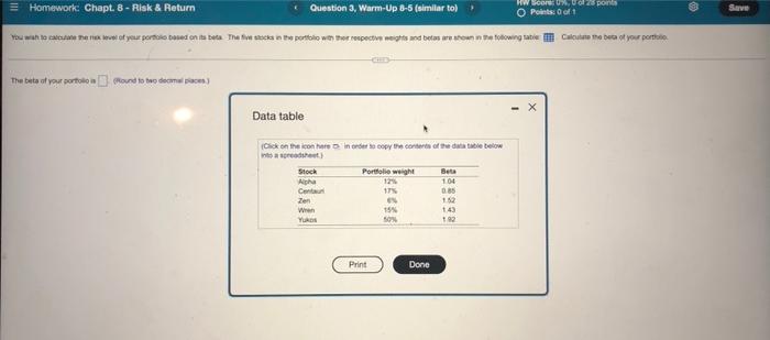  Homework: Chapt. 8 - Risk & Return Question 3, Warm-Up 8-5