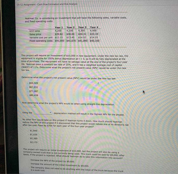  Ch 12: Assignment - Cash Flow Estimation and Risk Analysis Yeatman