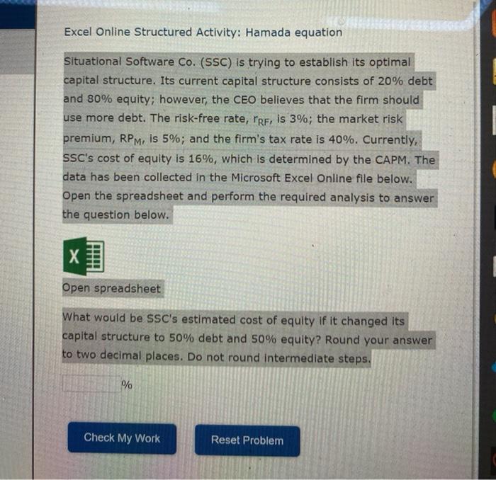  Excel Online Structured Activity: Hamada equation Situational Software Co. (SSC) is