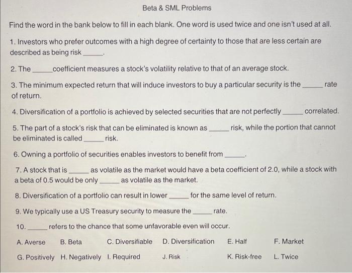  Beta \& SML Problems Find the word in the bank below
