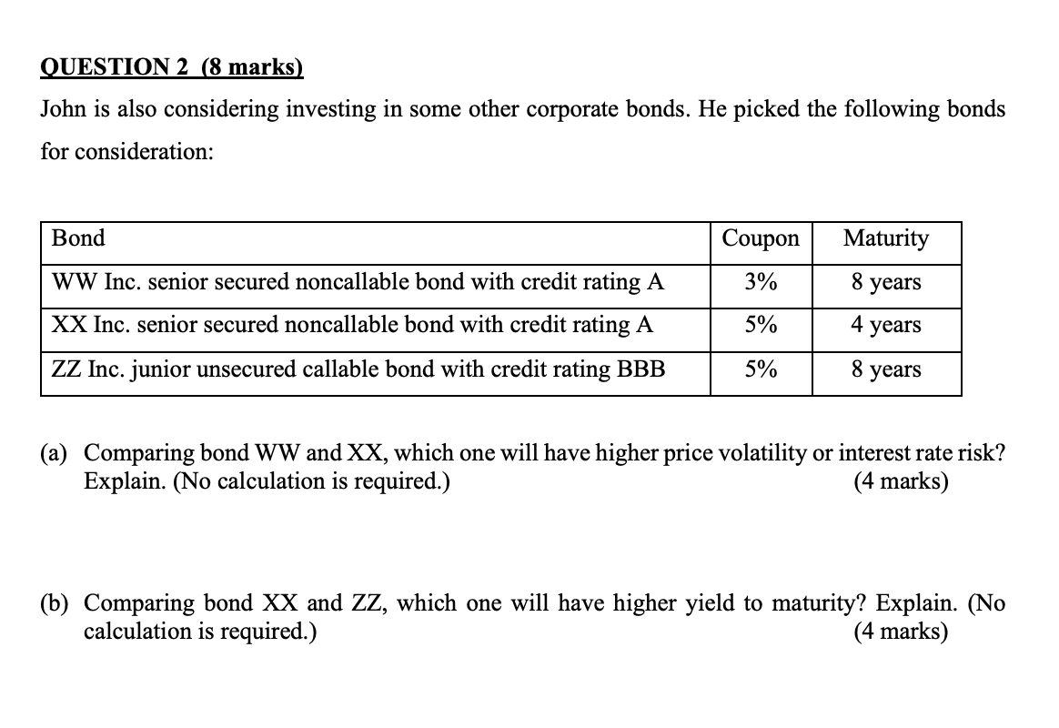 QUESTION 2 (8 marks) John is also considering investing in some