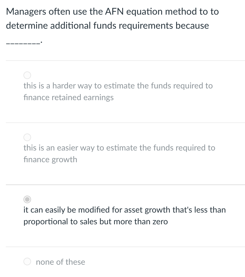 Managers often use the AFN equation method to to determine additional