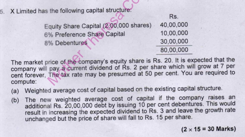  X Limited has the following capital structure? \table[[,Rs.],[Equity Share Capital shares),40,00,000