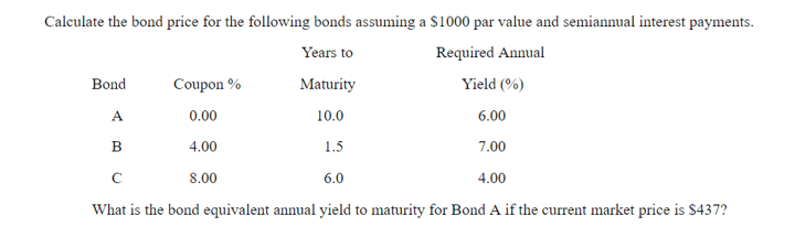 SOLVE ALGEBRAICALLY USING EQUATIONS USED BELOW Calculate the bond price for the