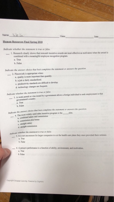  Name Yale Class Date Indicate whether the statement is true or