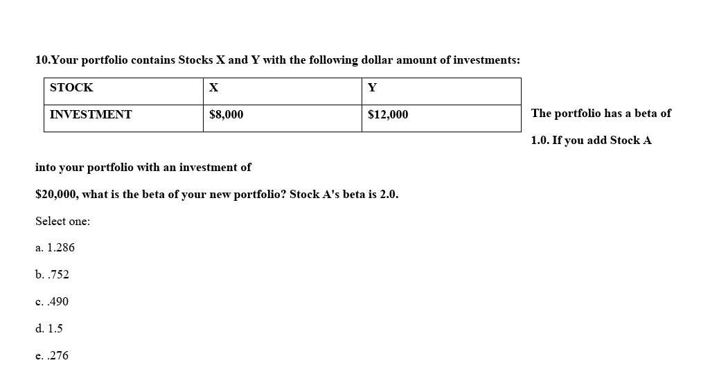 I need the solution to solve these problems.Preferably excel solutions 10.Your portfolio