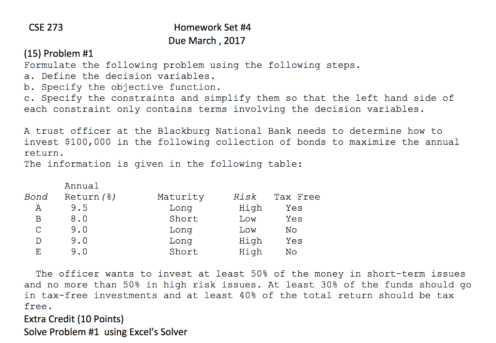 Optimization Modeling questions Homework Set #4 Due March , 2017 CSE