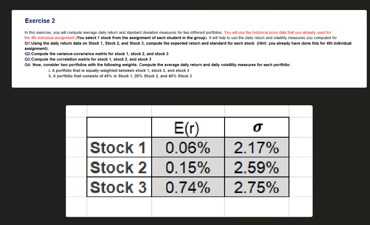 In this exercise, you will compute average daily return and standard