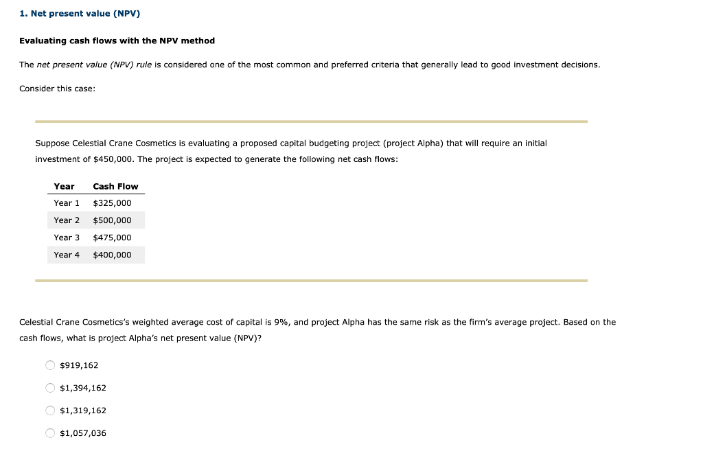  1. Net present value (NPV) Evaluating cash flows with the NPV