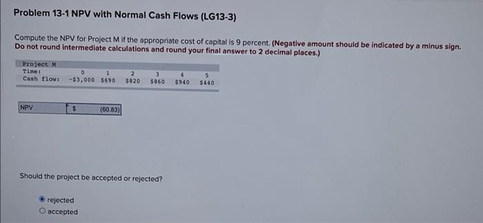  Problem 13-1 NPV with Normal Cash Flows (LG13-3) Compute the NPV