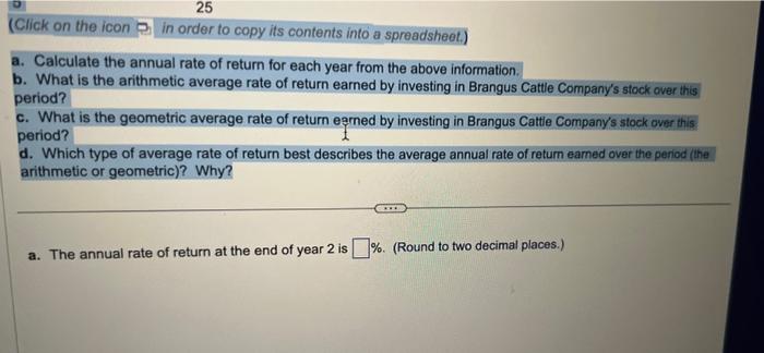 stock of the Brangus Catile Company had the following end-of-year stock prices