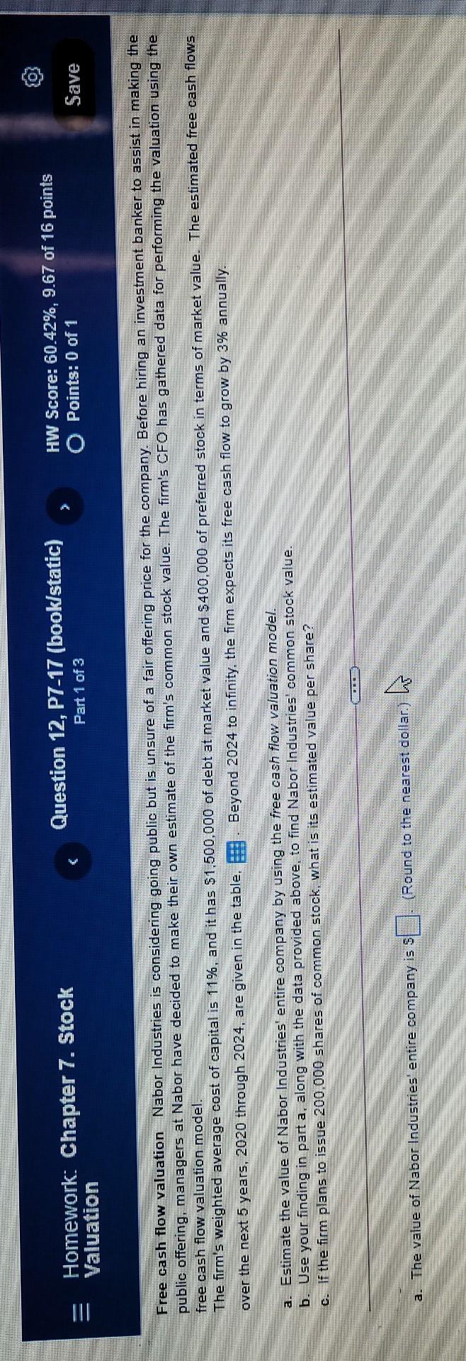 (0) Homework: Chapter 7. Stock Valuation Question 12, P7-17 (book/static) Part