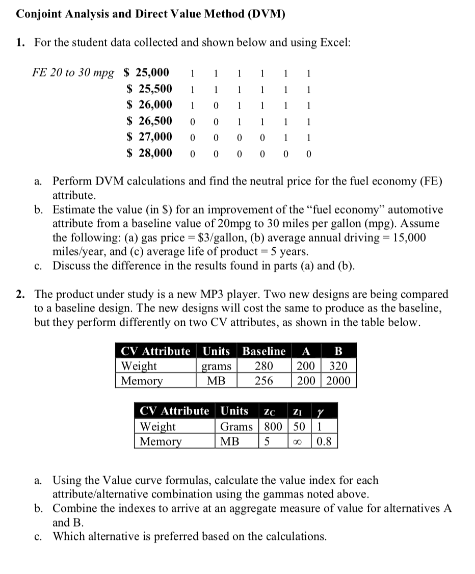 Conjoint Analysis and Direct Value Method (DVM) 1. For the student